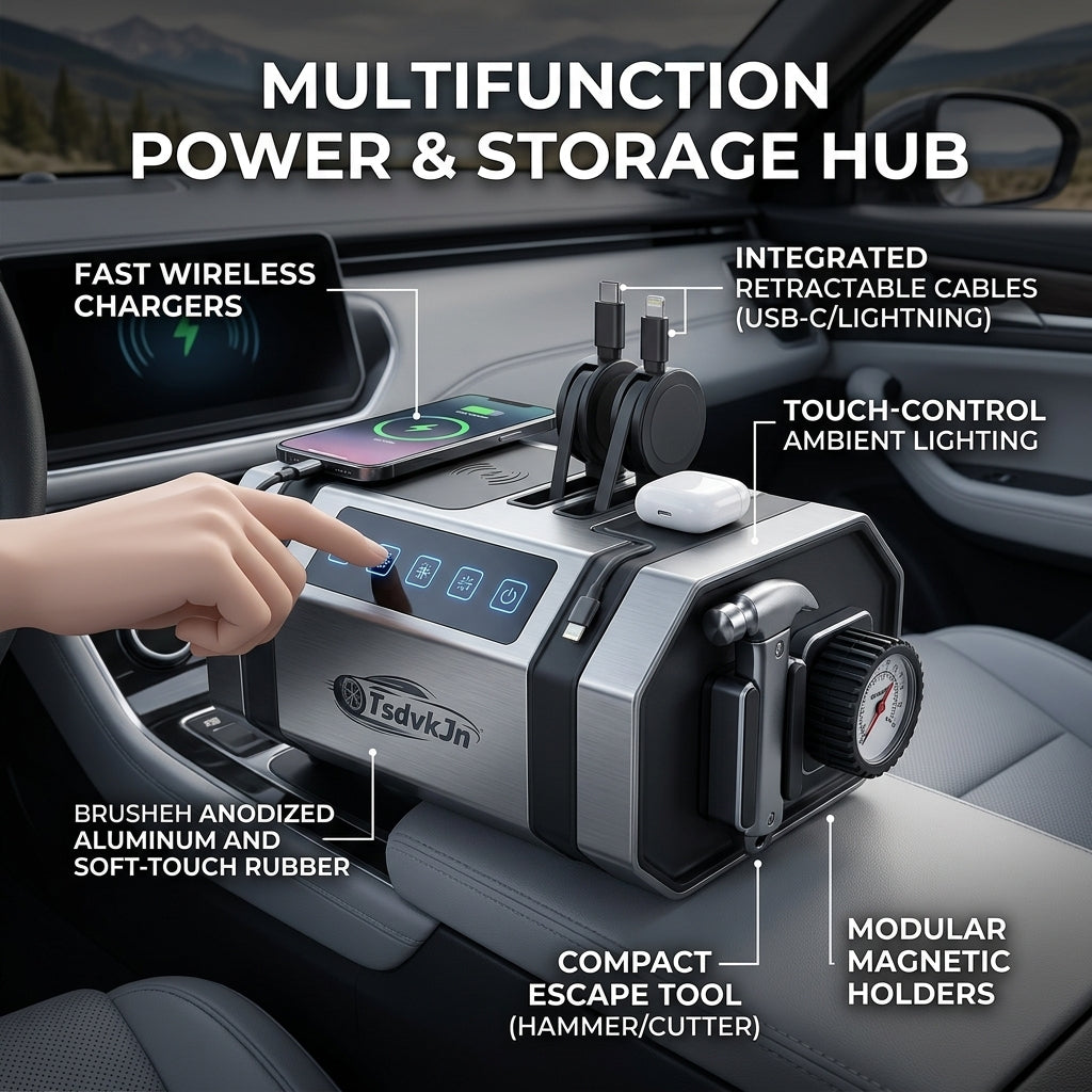 TsdvkJn Aero-Grip 5-in-1 Car Command Center – Universal Headrest Tablet & Phone Mount, Heavy-Duty Utility Hooks for Bags & Tumblers, Integrated Charging Pass-Through, Carbon Fiber Seat Back Organizer