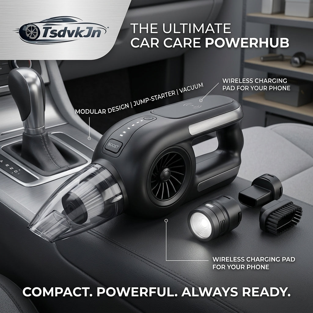 TsdvkJn 4-in-1 Ultimate Car Care PowerHub – Portable Handheld Vacuum, High-Peak Car Jump Starter, Wireless Phone Charger & Ultra-Bright LED Flashlight – Modular All-in-One Roadside Emergency Kit