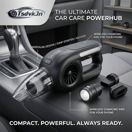 TsdvkJn 4-in-1 Ultimate Car Care PowerHub – Portable Handheld Vacuum, High-Peak Car Jump Starter, Wireless Phone Charger & Ultra-Bright LED Flashlight – Modular All-in-One Roadside Emergency Kit