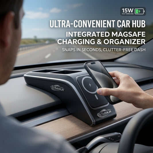 TsdvkJn 15W MagSafe Compatible Car Dashboard Organizer & Wireless Charger Hub, Fast Charging Magnetic Phone Mount with Storage Tray for Tesla Model 3/Y and Modern Vehicles, Clutter-Free Dash Solution