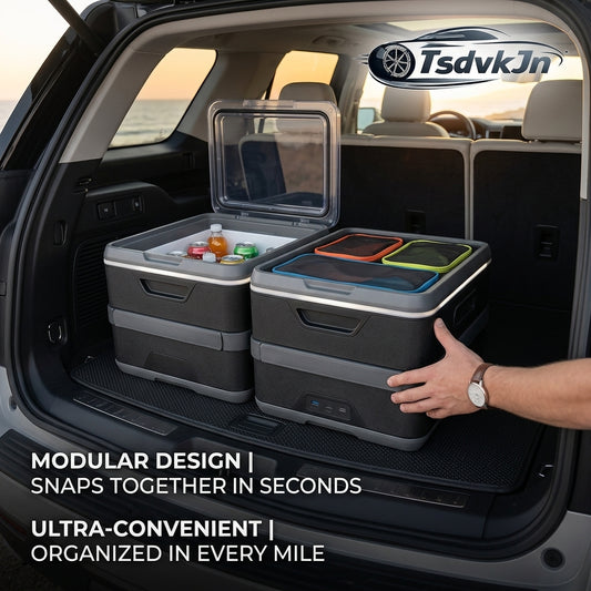 TsdvkJn 7-in-1 Multifunction Car Power & Storage Hub – Fast Wireless Charger, Integrated Retractable USB-C/Lightning Cables, Emergency Escape Tool, Touch-Control Ambient Lighting, Premium Anodized Aluminum Center Console Organizer